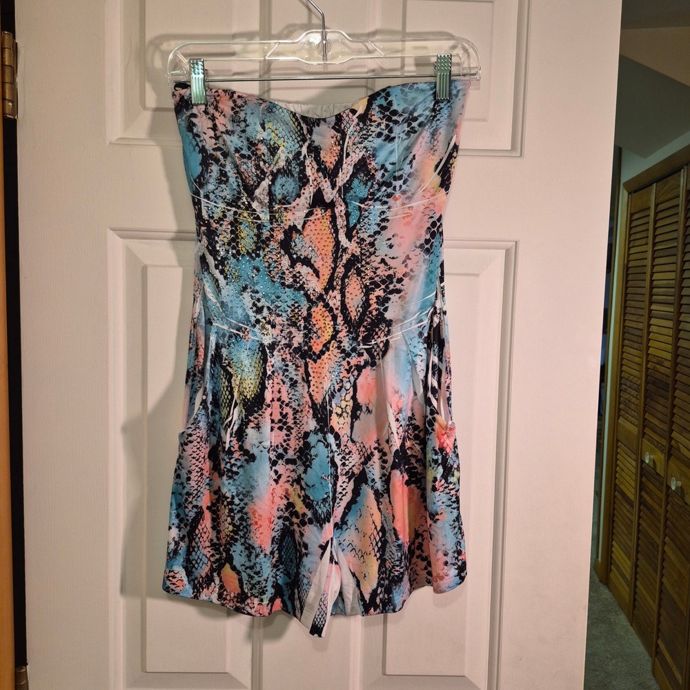 Crimson Ivy Womens Strapless Snake Print Rhinestone Romper Multi Color J-1970 M